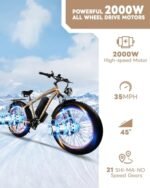 2000W Dual Motors Ebike 48V 20Ah Removable Battery 35MPH Electric Bicycle 26"*4.0 Fat Tire Shim 21-Speed Hydraulic Disc Brake80 Miles Max Range Electric Bike Lockbale Suspension - Image 2