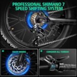 Electric Bike 1000W Peak Brushless Motor with 15Ah Battery,Shimano 7 Speed Gears,Up to 28MPH E Bike for Commute Mountain Beach Snow Riding,20" Fat Tire for Adults,DK400 - Image 4