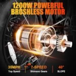 20" Folding Electric Bike,Peak 1200W Fat Tire Ebike 7 Speed Gear with Removable 48V15AH Lithium Battery and Multi-Function Display (Black) - Image 4