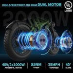 Freego Electric Bike for Adults, Dual Motor & Dual Battery, 2000W/48V/40Ah/55Ah, 20"x4.0" Fat Tires Off Road Electric Bicycle with Removable Battery, 34MPH&68/103 Miles Long Range E Bike UL Certified - Image 6