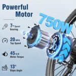 Jasion Electric Bike for Adults -750 W Peak Motor, 480 WH Removable Battery Bicycle with Twist Throttle, Dual Disc Brake, 7-Speed Ebike, Max 20 MPH, 5 PAS Levels, Front Suspension 27.5 Inch Tires - Image 3
