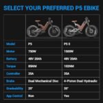 Eahora P5 II [2024 Upgraded] Electric Bike Peak 1700W Electric Mountain Bike 48V 20Ah Removable Battery 24 * 4.0 Fat Tire Electric Bike 32MPH Color Display Full Suspension Ebike - Image 2
