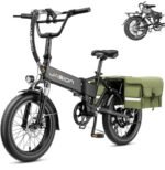 Jasion EB7 2.0 Electric Bike for Adults, 1200W Peak Motor 28MPH Max Speed Folding Ebike, 48V 10AH Removable Battery, 20" Fat Tire with Dual Suspension, 7-Speed Electric Bicycles, with Green Saddlebag
