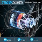 26" Fat Tire Electric Bike 48V 17.5Ah Battery, 750W Mountain Electric Bicycle City Urban Commuter E Bike for Adults Men Women Long Range 30MPH 7-Speed Gears Color Dispaly with 2 Seat - Image 2